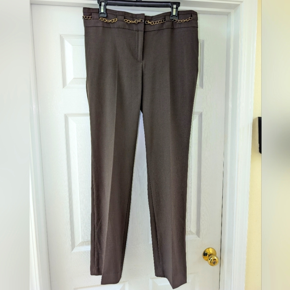 Focus 2000 NWT Womens Modern Fit Brown Trouser w/ Chain Belt & Back Pockets